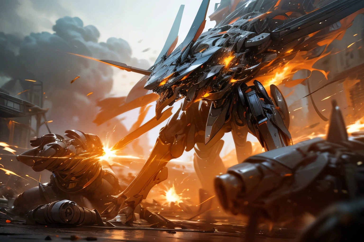 best quality, high resolution, ultra detailed, realistic, Mechanical creature, insectoid, (6 legs:1.5), bare parts, inorganic, disastrous, outdoor, battlefield, explosions, flames, smoke, flashes, science fiction, dynamic lighting, mecha