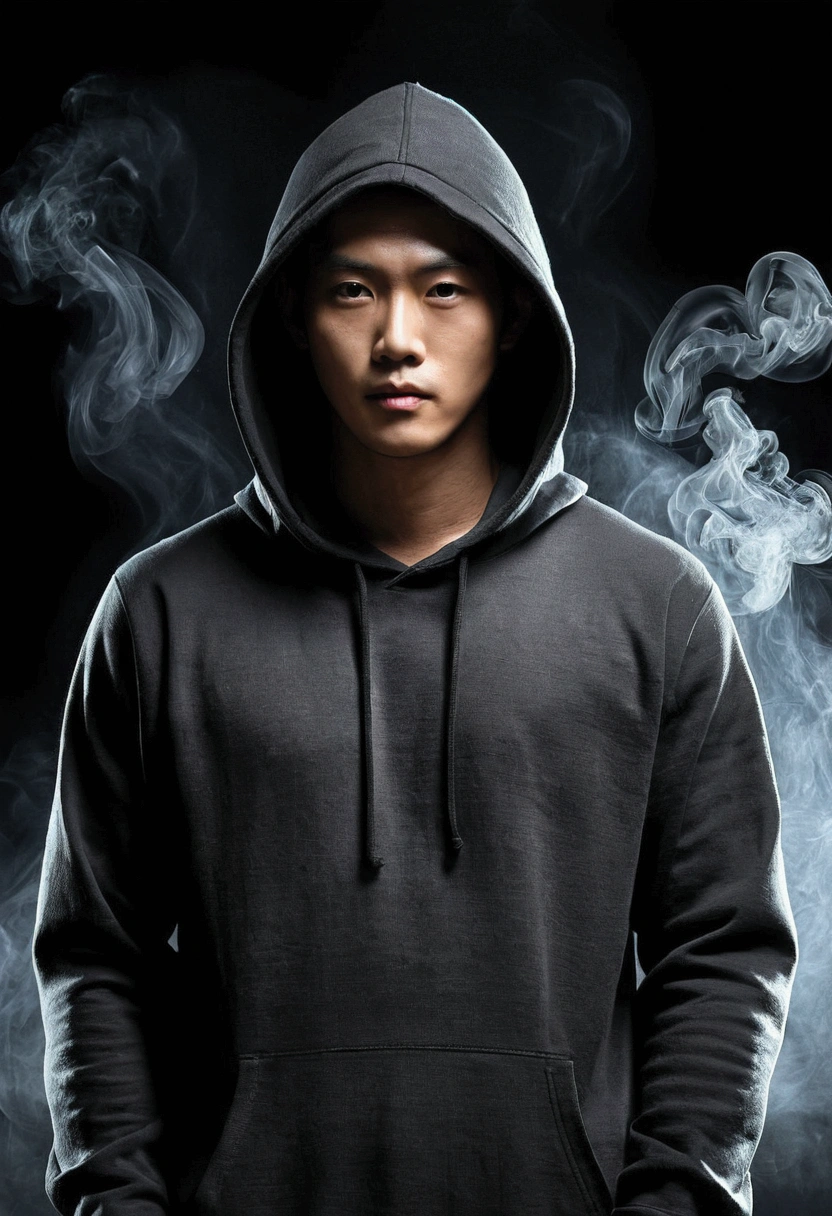In a dark, smoky background、Draw a scene where a man is standing wearing a hoodie.。The man has a strong, confident look、My body is normal and healthy。From his posture and facial expressionake it clear that he lives to be popular。The face is attractive and well drawn.、The smoke adds a mysterious and dramatic feel to the area around him.。The background is a faint shadow、Please portray him prominently。