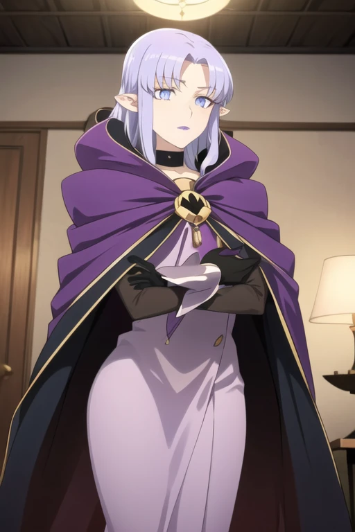 (masterpiece, sidelighting, finely detailed beautiful eyes: 1.2), glowing eyes, shiny hair, MedeaRobe, cloak, cape, gloves, MedeaCas, blue eyes, purple lips, pointy ears, choker, robe, solo, room,