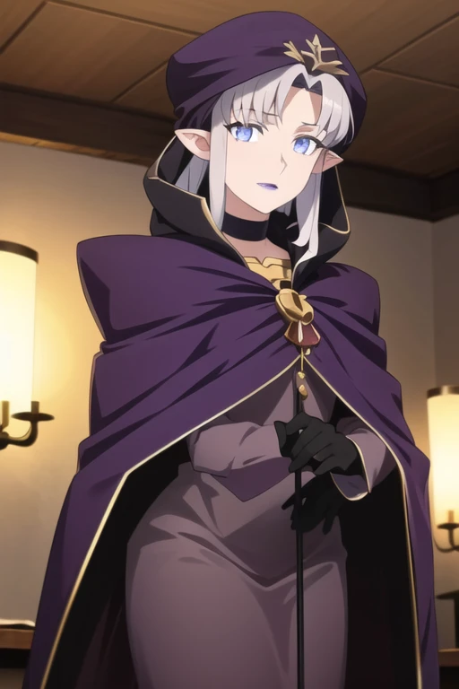 (masterpiece, sidelighting, finely detailed beautiful eyes: 1.2), glowing eyes, shiny hair, MedeaRobe, cloak, cape, gloves, MedeaCas, blue eyes, purple lips, pointy ears, choker, robe, solo, room,