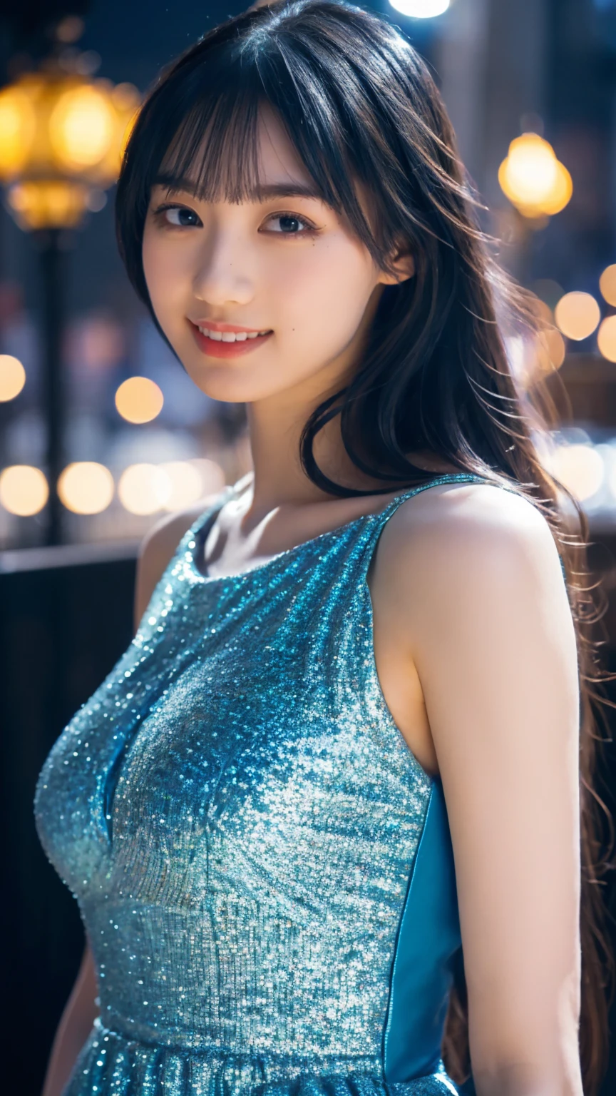 1girl,(wearing a blue glittery evening dress:1.2),(RAW photo, best quality), (realistic, photo-realistic:1.4), masterpiece, an extremely delicate and beautiful, extremely detailed, 2k wallpaper, Amazing, finely detail, extremely detailed CG unity 8k wallpaper, ultra-detailed, highres, soft light, beautiful detailed girl, extremely detailed eyes and face, beautiful detailed nose, beautiful detailed eyes,cinematic lighting,city lights at night,perfect anatomy,slender body,light smile,close up,(long hair with bangs), tight breast