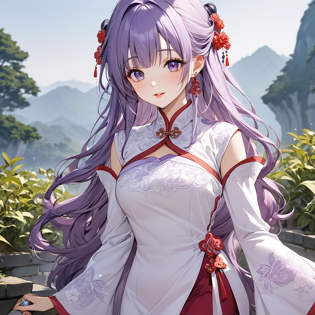 ((Highest quality)), ((masterpiece)), (detailed), （Perfect Face）、The woman is the princess of Moonbrooke, an ordinary Chinese woman with medium-long purple hair and an engagement ring.、The woman is dressed in typical Chinese clothing.