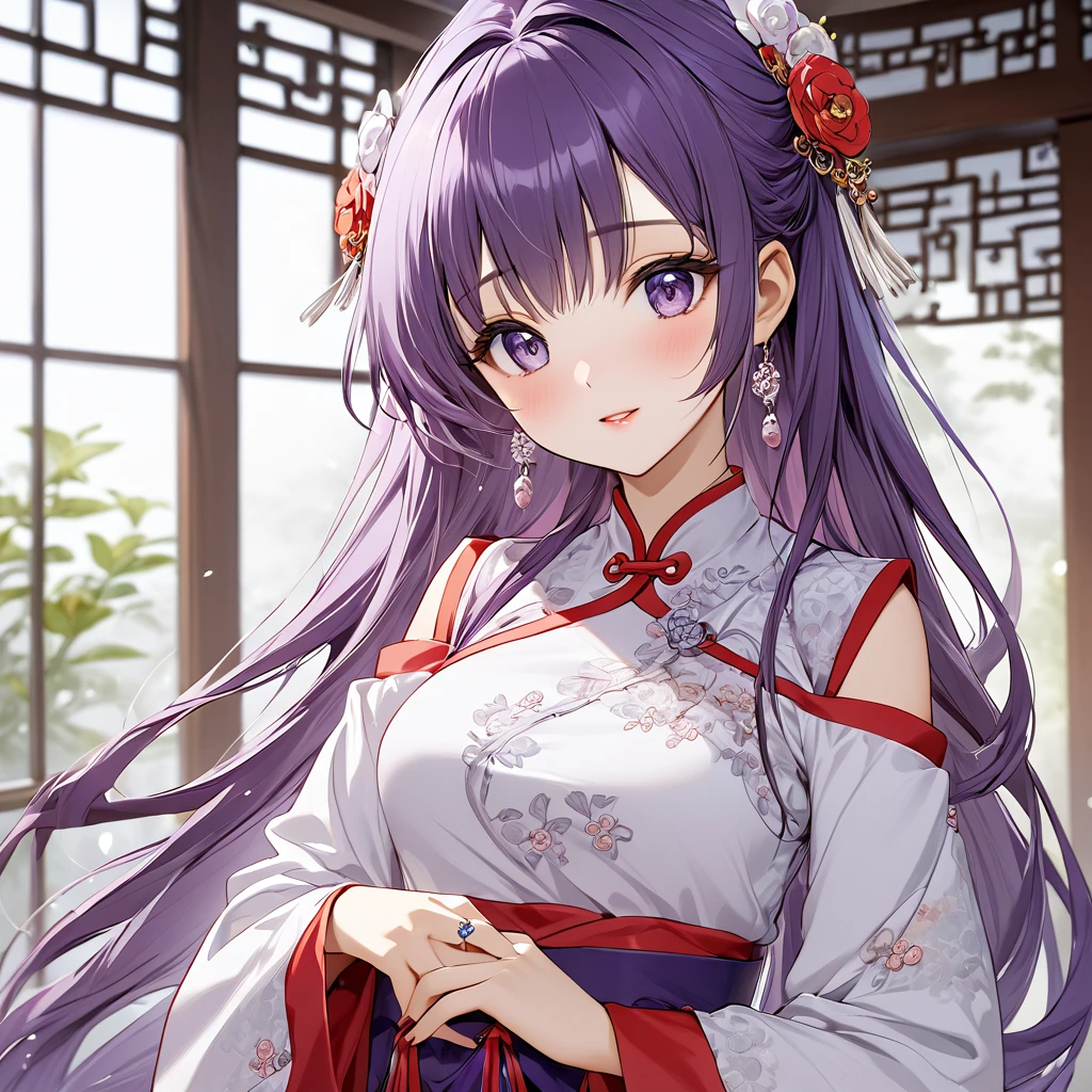 ((Highest quality)), ((masterpiece)), (detailed), （Perfect Face）、The woman is the princess of Moonbrooke, an ordinary Chinese woman with medium-long purple hair and an engagement ring.、The woman is dressed in typical Chinese clothing.