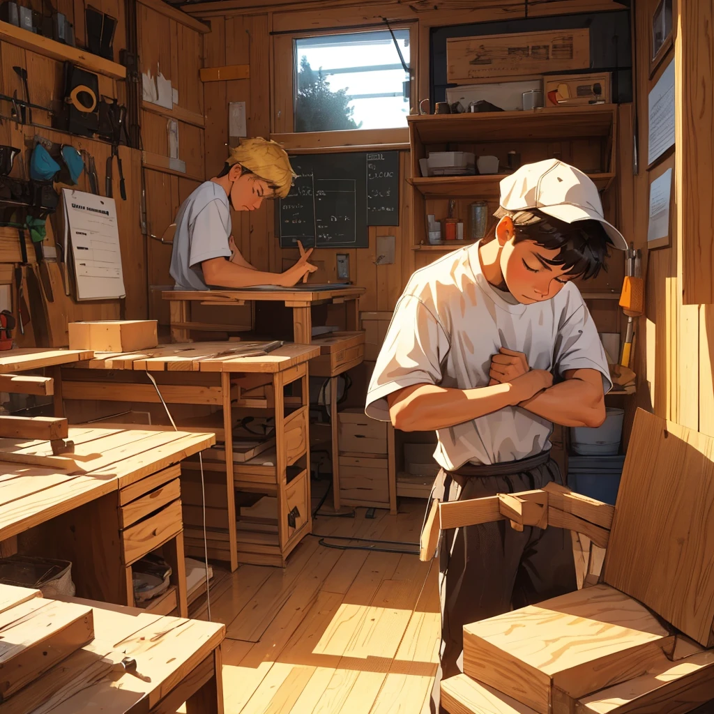 The young boy tired of working in wood shop, he feels so sad