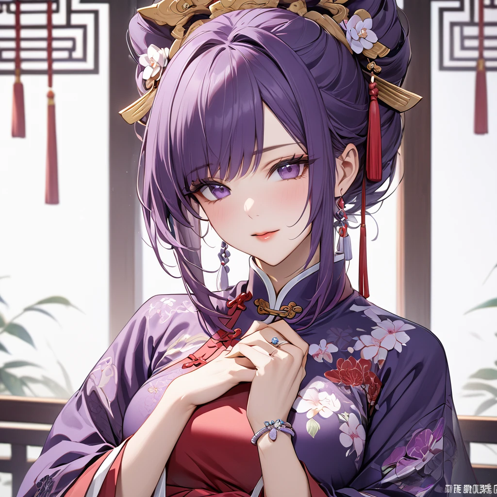 ((Highest quality)), ((masterpiece)), (detailed), (Perfect Face)、The woman is Shinobu Kocho, an ordinary Chinese woman with purple hair and an engagement ring.、The woman is dressed in typical Chinese clothing.
