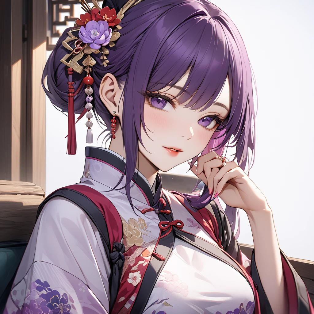 ((Highest quality)), ((masterpiece)), (detailed), (Perfect Face)、The woman is Shinobu Kocho, an ordinary Chinese woman with purple hair and an engagement ring.、The woman is dressed in typical Chinese clothing.