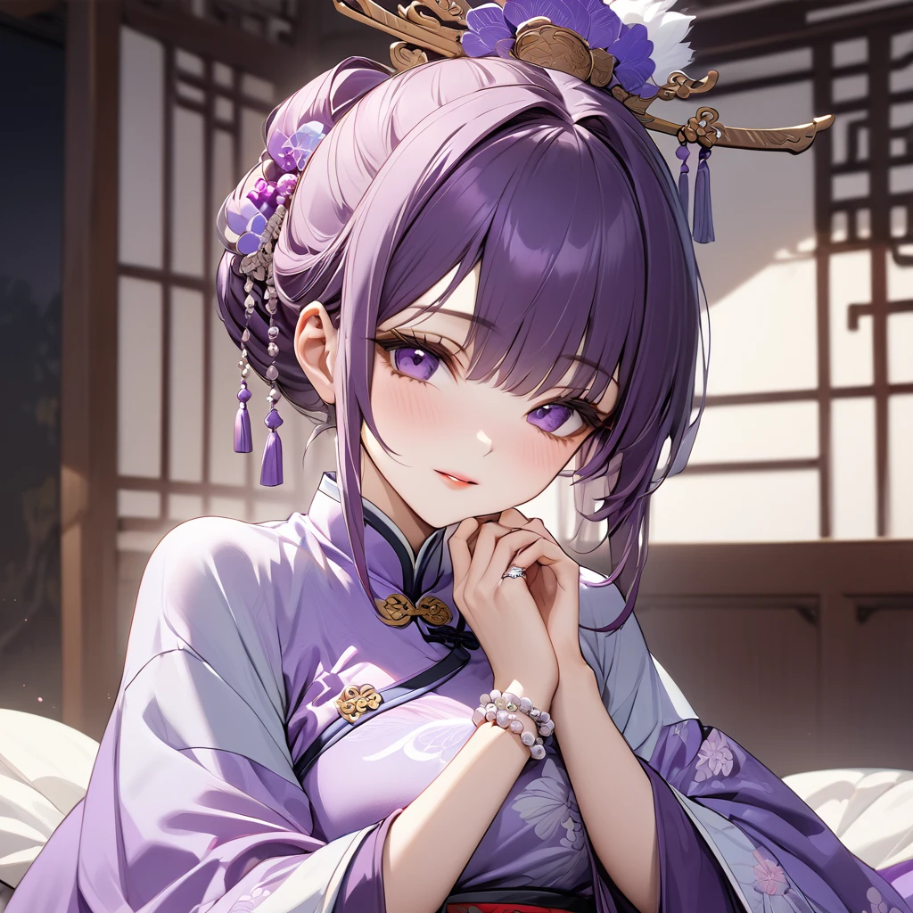 ((Highest quality)), ((masterpiece)), (detailed), (Perfect Face)、The woman is Shinobu Kocho, an ordinary Chinese woman with purple hair and an engagement ring.、The woman is dressed in typical Chinese clothing.