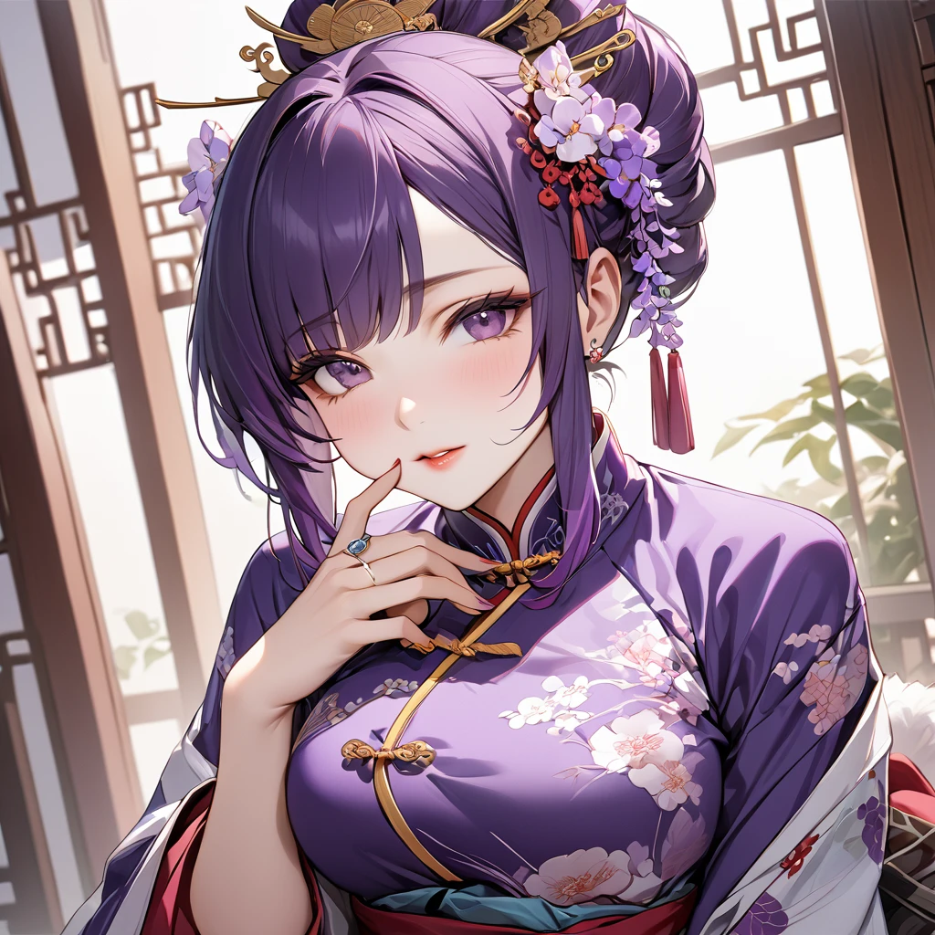 ((Highest quality)), ((masterpiece)), (detailed), (Perfect Face)、The woman is Shinobu Kocho, an ordinary Chinese woman with purple hair and an engagement ring.、The woman is dressed in typical Chinese clothing.