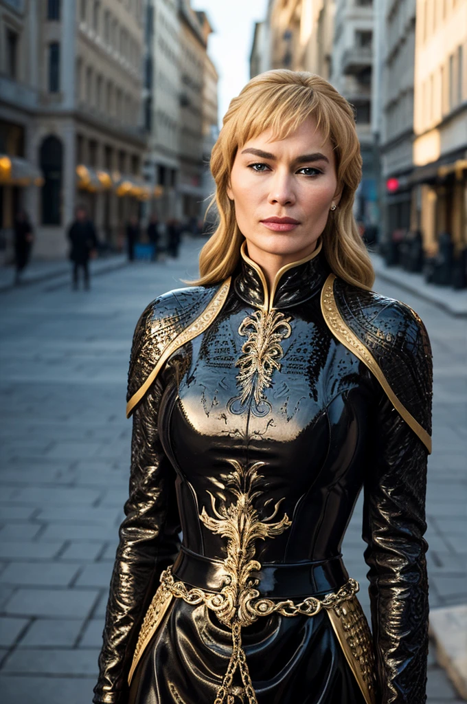 elegant Cersei Lannister, modelling, Thierry Mugler, rubber, gorgeous professionally styled hair, plaza in modern city, detailed textures, sharp focus, ultra-high pixel detail, 16k RAW footage, masterpiece