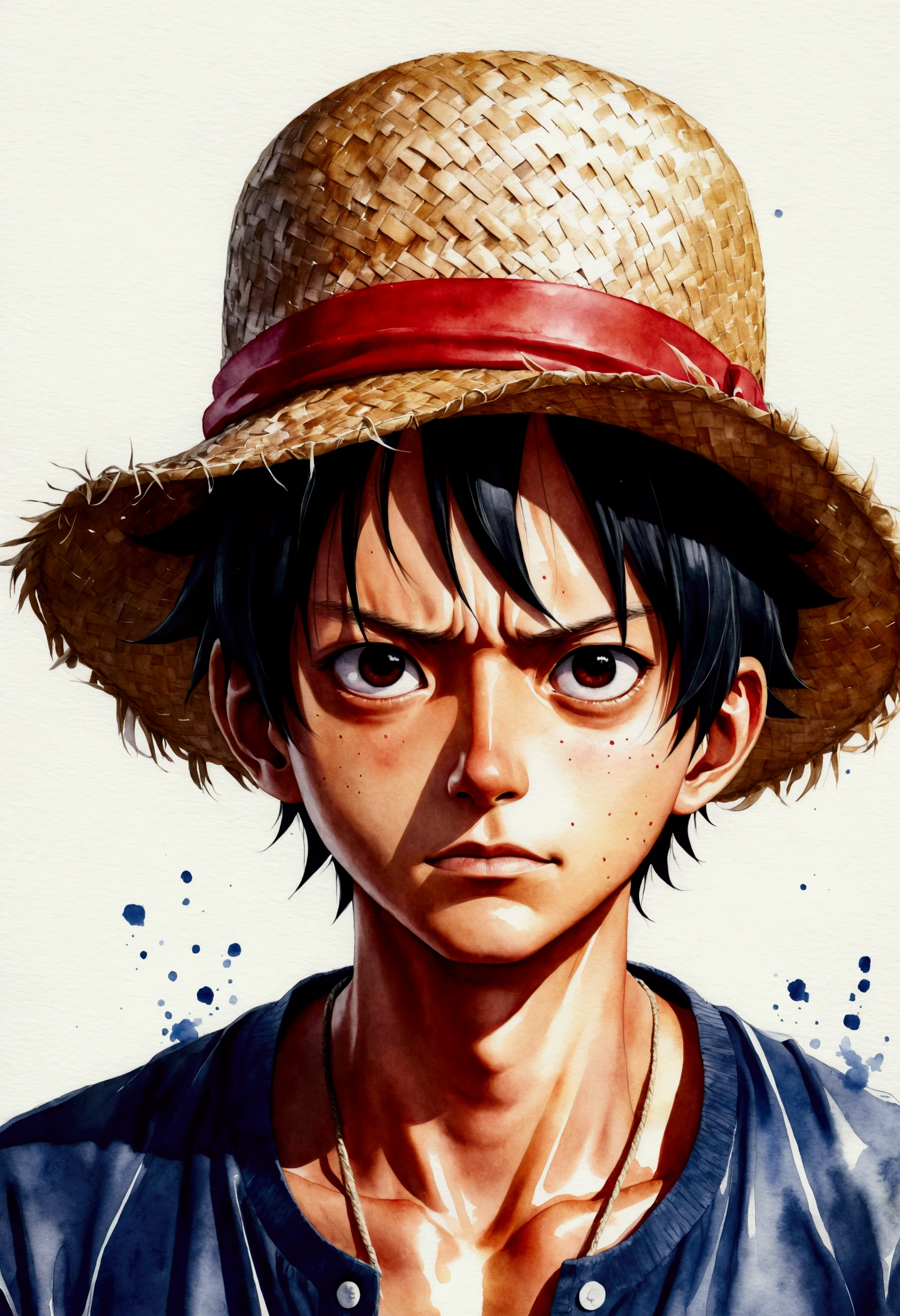 One Piece Luffy's creation、Watercolor、An illustration、Black Hair、Straw hat、shirt、precise face features、black eye、Sporty clothes、High resolution