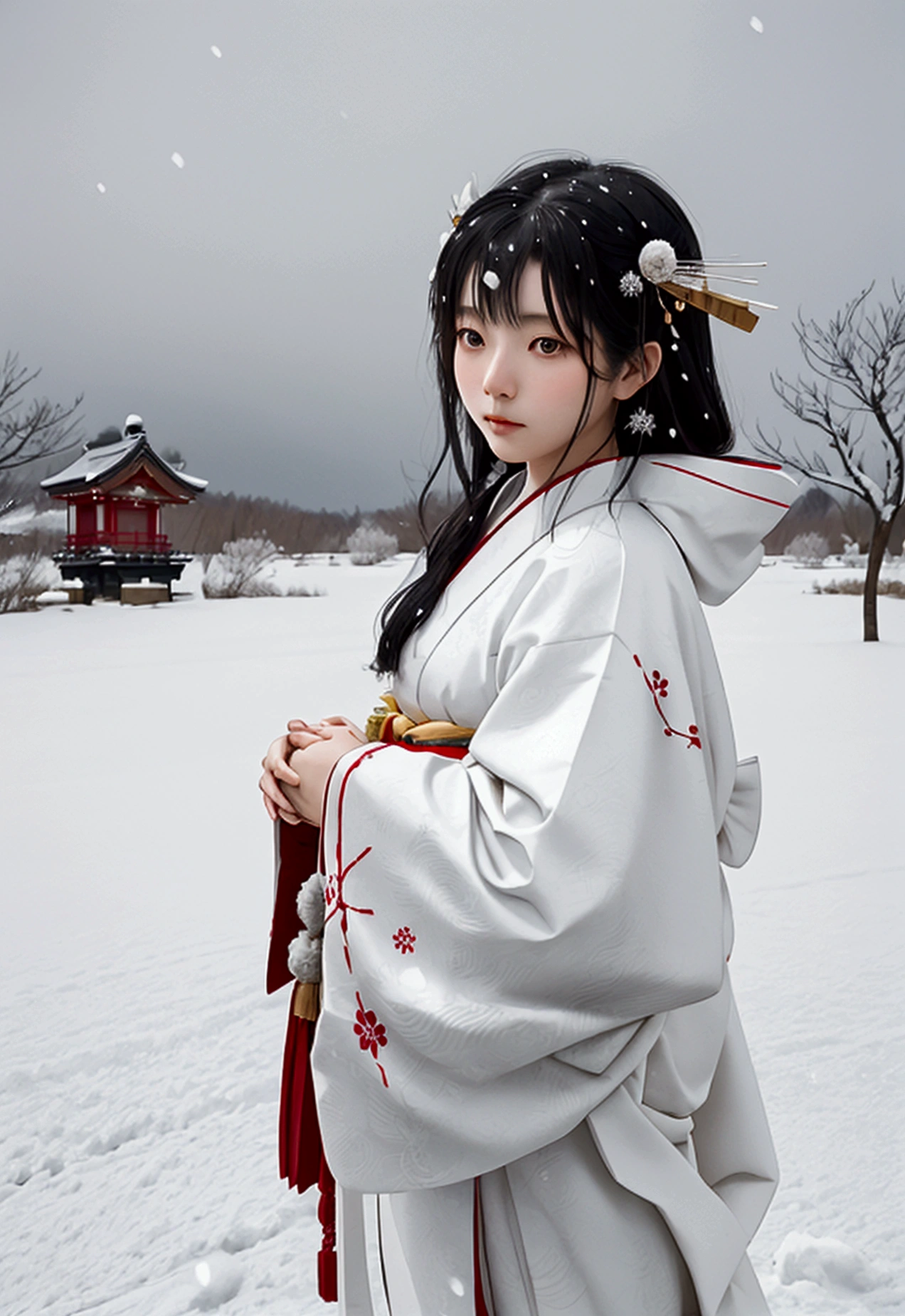 A black-haired shrine maiden wearing a traditional Japanese kimono stands in the middle of a snowy plain, praying. An owl sits gracefully on her shoulder, adding to her divine presence. The serene, white landscape stretches out around her, with gentle snowfall and a soft, overcast sky, enhancing the ethereal and sacred atmosphere.