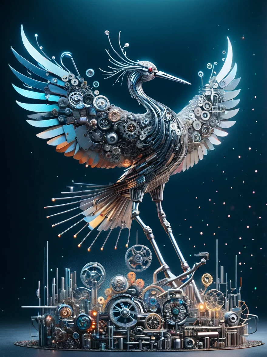 (3D,mechanical感,cute,ais-scrapyrd Japanese Crane,mechanical),Colorful neon lights,高科技mechanical部件,Metal body,Detailed Vibranium Flower Design,Vibrant colors,Dynamic glowing flowers,Reflective metal surface,Bright environment,Dynamic poses,Exquisite existence,Skills Improvement,互锁mechanical齿轮,Stylish design,motion blur effect,Detailed metal treatment,Sci-fi atmosphere,Streamlined aerodynamic shape,Laser scanning pattern,Holographic projection,LED light track,Beautiful and unforgettable,Advanced sensors,Complex algorithms,Ominous and mysterious atmosphere,Electric Spark,Shiny chrome,Propulsion systems of the future,(Best quality,8k,high resolution,masterpiece:1.2),Super detailed,(whole body:1.8)