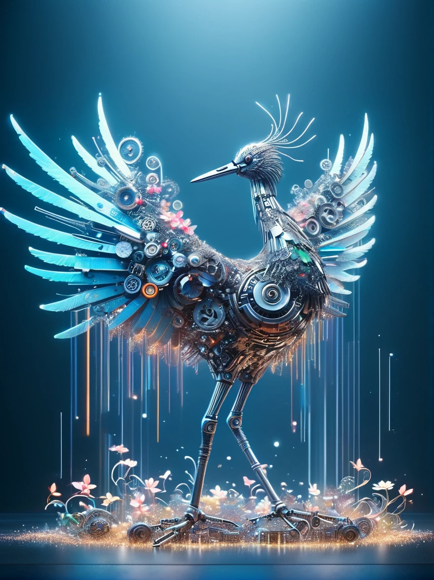 (3D，mechanical感，cute，ais-scrapyrd Phoenix，mechanical)，Colorful neon lights，高科技mechanical部件，Metal body，Detailed Vibranium Flower Design，Vibrant colors，Dynamic glowing flowers，Reflective metal surface，Bright environment，Dynamic poses，Exquisite existence，Skills Improvement，互锁mechanical齿轮，Stylish design，motion blur effect，Detailed metal treatment，Sci-fi atmosphere，Streamlined aerodynamic shape，Laser scanning pattern，Holographic projection，LED light track，Beautiful and unforgettable，Advanced sensors，Complex algorithms，Ominous and mysterious atmosphere，Electric Spark，Shiny chrome，Propulsion systems of the future，(Best quality，8k，high resolution，masterpiece:1.2)，Super detailed，(whole body:1.8)​