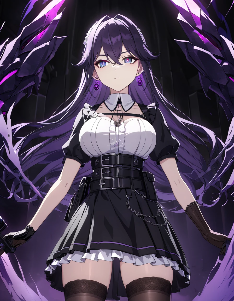 iridescent blue eyes, symmetrical eyes, long black and purple hair, earrings, necklace, gothic style, webbed belt, tactical, pouches, black maid outfit, black apron, weapon Holster, webbed belt, frilly skirt, metal gloves, black thigh highs, Long eyelashes, eye shadow, first rate breasts, large breasts, ominous vibe, expressionless, stoic, glowing white mist, purple fire, shadowy, Ultra quality, UHD, high detail, anime aesthetic, Anime screenshot, Ultra quality, UHD, high detail