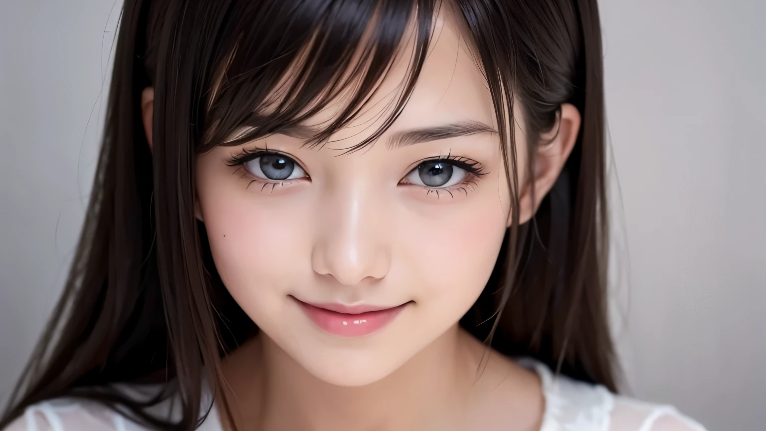 Painting on fine art canvas, pencil art, painting is of a neat dark haired woman, in one piece, slightly shy, blushing, smiling, high quality, high definition
