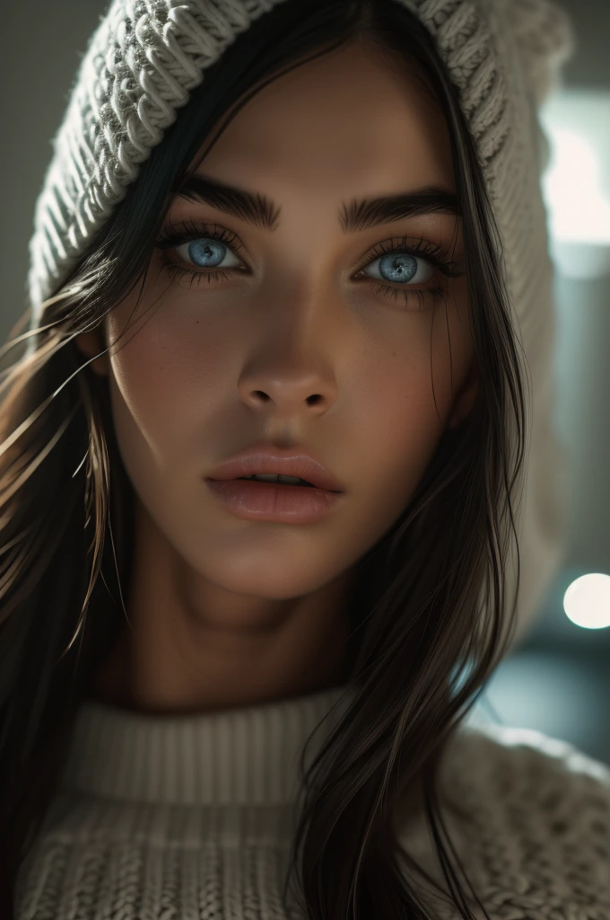 Megan Fox, ultra-detailed Nordic eyes, bangs, knit sweater, (((masterpiece, ultra-detailed face))).