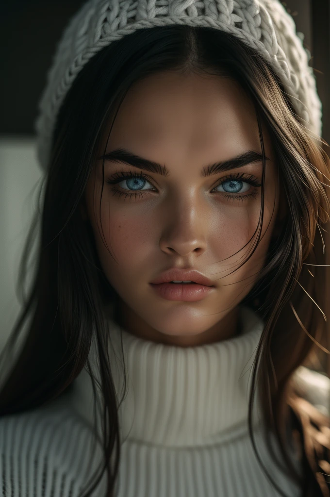 Megan Fox, ultra-detailed Nordic eyes, bangs, knit sweater, (((masterpiece, ultra-detailed face))).