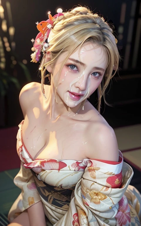 Realistic:1.8、sweating、It has been violated、confusion、Obscene、Drenched in sweat、blonde、Italian、Highest quality、1 girl、,Glowing Skin、Realistic、Perfect body、super high quality、Ultra-high Realistic image quality、Japanese、(Off-the-shoulder short length floral pattern kimono:1.6)、(Cleavage:1.5)、Tight waist、(blonde:1.3)、(Blurred Background)、(Grin)、、blue eyes、blonde、Tattoos all over the body、short hair、Hair tied up、Full body photo、Sexy Face、short hair、 A look of complete lust、(((masterpiece)))、((Highest quality))、((超Realistic))、成熟したwoman、成熟したwoman、perspective、Very detailed、The perfect temptation、Best image quality、Fine-grained image quality、beautiful、European, woman, French, woman Italian, Italian, smile、blue eyes、jewelry, blue eyes, Realistic, High resolution, Soft Light,Hip Up, Glowing Skin, (Detailed face),tattoo, jewelry, , night, blonde, Wavy Hair,attractive appearance, smile, Perfect Style, Perfect balance,(((Bukkake)))
