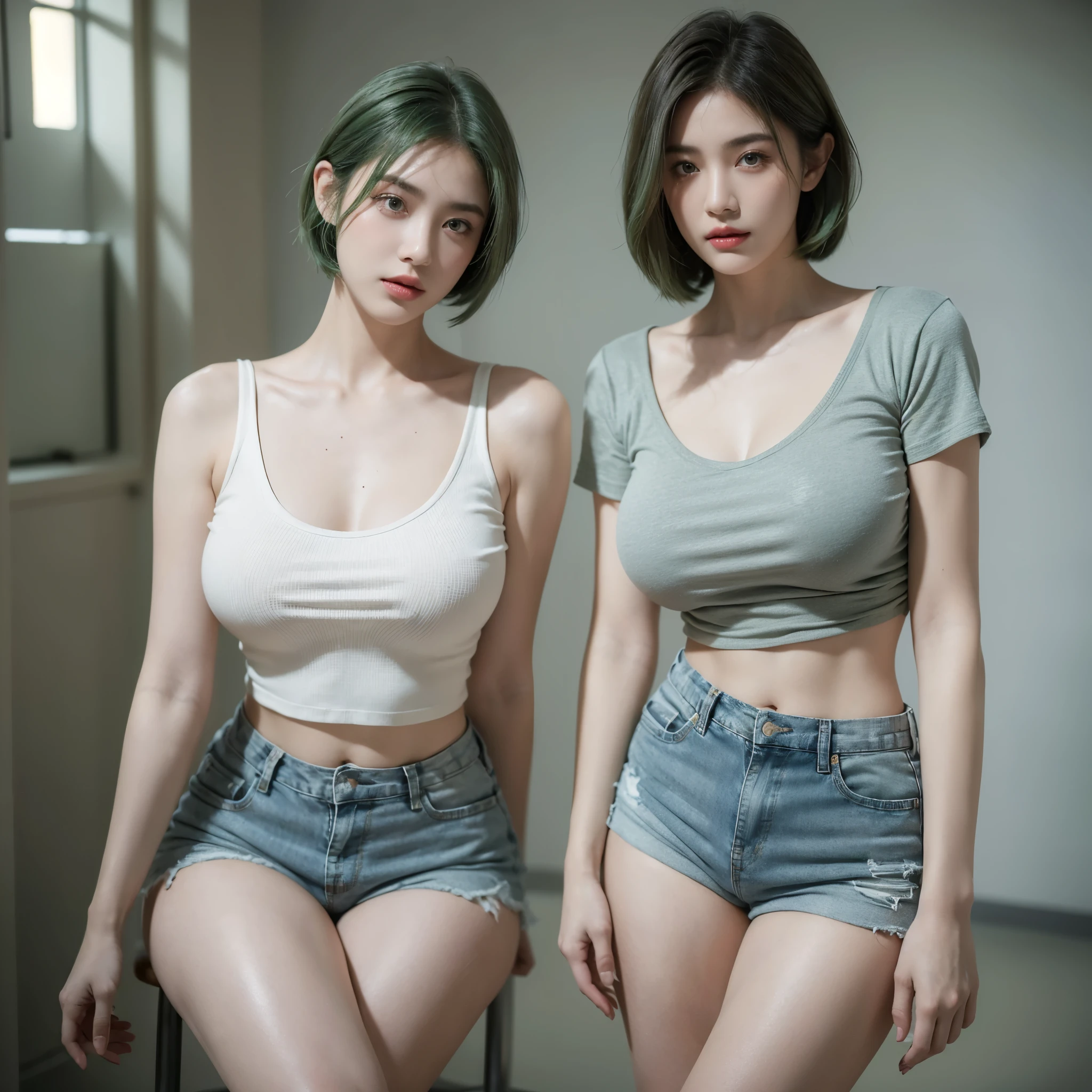 1 girls, Highest quality, (photoRealistic:1.4), detail face, professional photograph, intricate composition, an extremely delicate and beautiful, 8k, ultra high res, cinematic lighting and shading, green hair, (bob hair), Wearing gray t-shirts, denim short pants, natural big breast, show big thigh, plump body, standing pose, gray background,