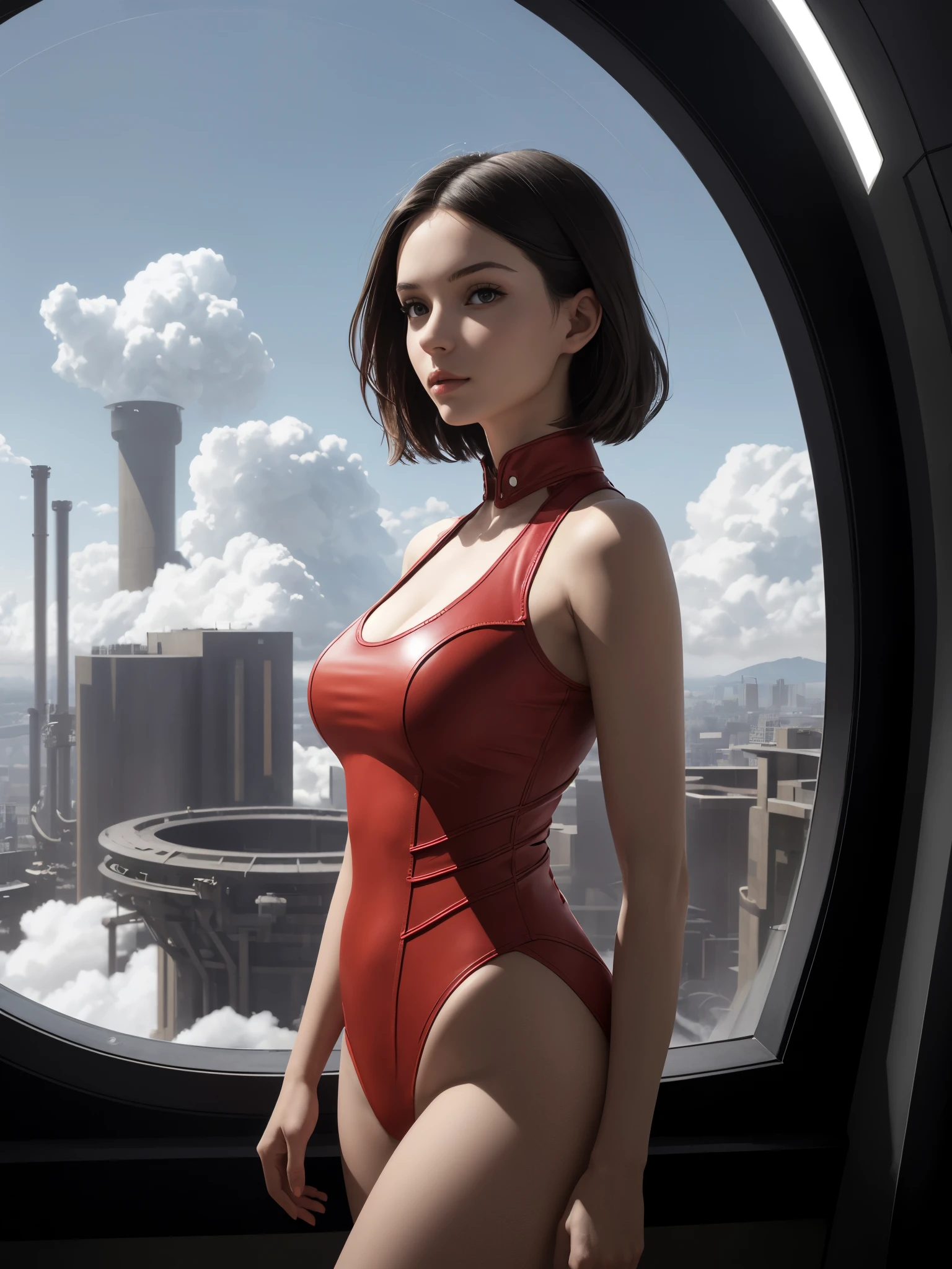 1girl, standing, high-tech sleek form-fitting sleeveless outifit, detailed face, looking at viewer, red outfit, gigantic breasts, (large circular window, above the cloud scenic view, futuristic design, high-tech industrial sleek panel, ambient lighting, advanced technology, sci-fi elements, detailed textures, masterpiece, best quality, high resolution:1.0),