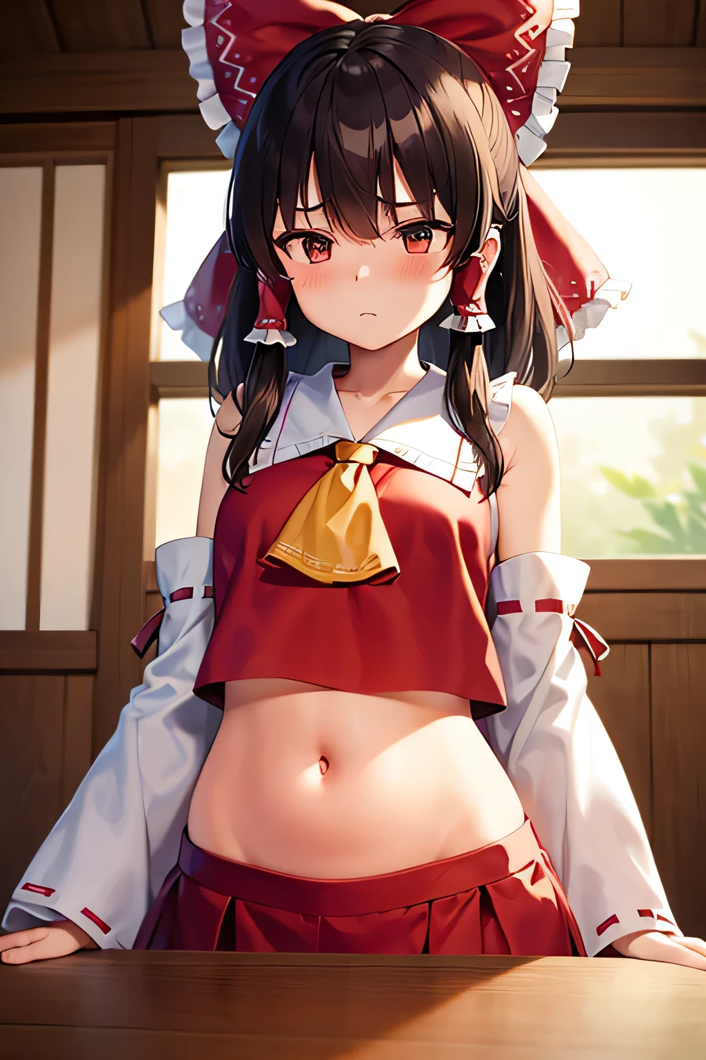 super fine illustration, vibrant colors, masterpiece, sharp focus, best quality, depth of field, cinematic lighting, ultra detailed, blush, belly button, navel, tummy, shrine maiden, hakurei reimu, 1girl, hair bow, ascot, hair tubes, detached sleeves, red shirt, red skirt, very long hair, dark brown hair, indoors, mature woman, ,hakurei reimu, 1girl, hair bow, ascot, hair tubes, miko, detached sleeves, Reimu Hakurei, annoyed, curly hair, looking down