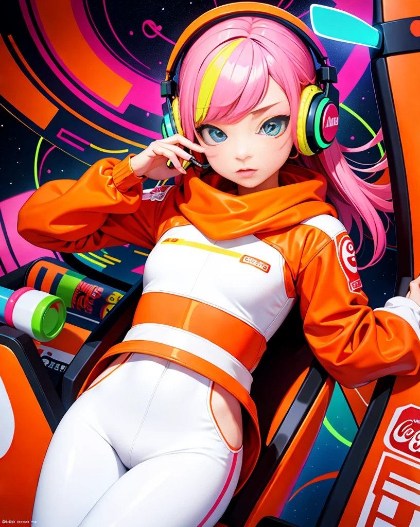 (Very detailed,Ultra-high resolution,Detailed Background),((2D)),((Flat Color)),((Calm colors)),((Floating Neon)),One Girl,alone,View your audience, break, orange, Spray paint, graffiti, Girl in a white space suit with a helmet, Plush scarf, Full body image, Adult female, anatomically perfect face, Focus on the face, Modern Style,artistic,Moving configuration,Unique Pattern,Bold Texture,colorful,Imaginative,Whimsical,Vibrant,like々Shii,Playful,Vibrant,creative,Expressive,stylish,tendency,Eat lollipops,、Coca-Cola Poster,Headphones,