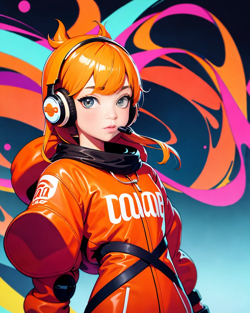 (Very detailed,Ultra-high resolution,Detailed Background),((2D)),((Flat Color)),((Calm colors)),((Floating Neon)),One Girl,alone,View your audience, break, orange, Spray paint, graffiti, Girl in a white space suit with a helmet, Plush scarf, Full body image, Adult female, anatomically perfect face, Focus on the face, Modern Style,artistic,Moving configuration,Unique Pattern,Bold Texture,colorful,Imaginative,Whimsical,Vibrant,like々Shii,Playful,Vibrant,creative,Expressive,stylish,tendency,Eat lollipops,、Coca-Cola Poster,Headphones,