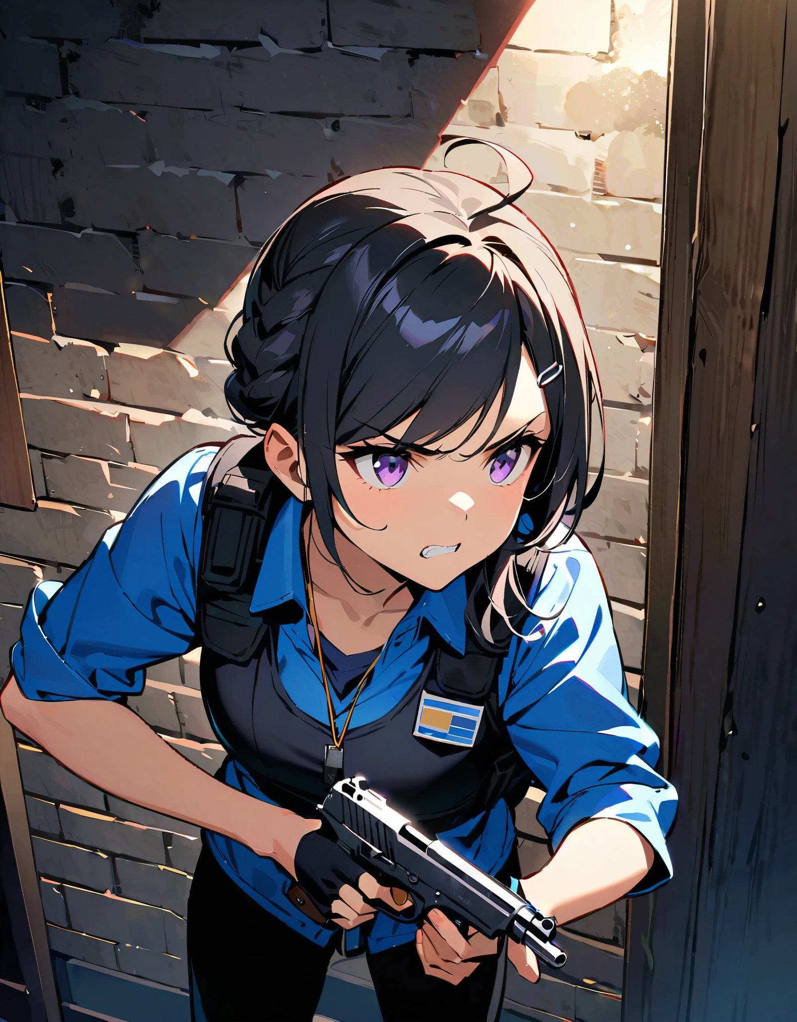 (masterpiece), (best quality), (high res), highly detailed, professional, 1girl, solo, solo focus, undercover police officer, serious, v-shaped eyebrows, blue varsity jacket, blue t-shirt, black tight pants, white socks, matching sneakers, fingerless gloves, assault vest, Hairpin, police ID badge hanging on neck, sleeves rolled up, (perfect hands, complete fingers, holding pistol with one hand, Beretta 92FS), leaning at wall, serious and stoic, looking away, brick wall, searchlights, Brooklyn, New York, midnight, Cowboy Shot, Black Hair, Braid, Ahoge, Parted Bangs, Single Braid, Swept Bangs, Purple Eyes, Clenched Teeth, intense atmosphere.