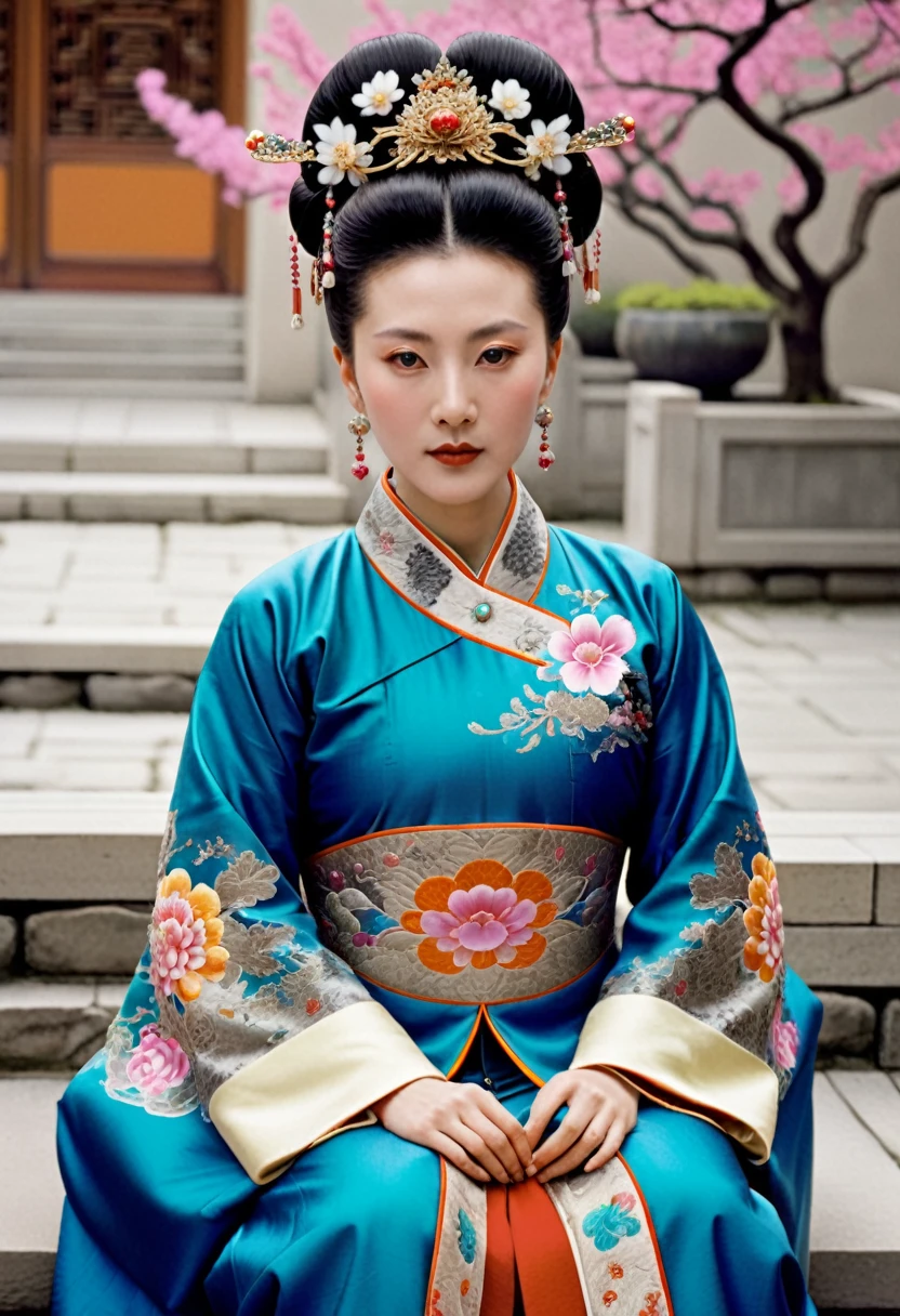 A Qing Dynasty Empress with her pubic hair showing. At the Chinese Imperial Court. Qing Dynasty Empress. A Chinese Empress wearing a large crown. Her hair is decorated with a large hair ornament with flashy flowers and a large crown.　
Her hair is tied up and pulled up. The background is the stone paving outside the Qing Dynasty.