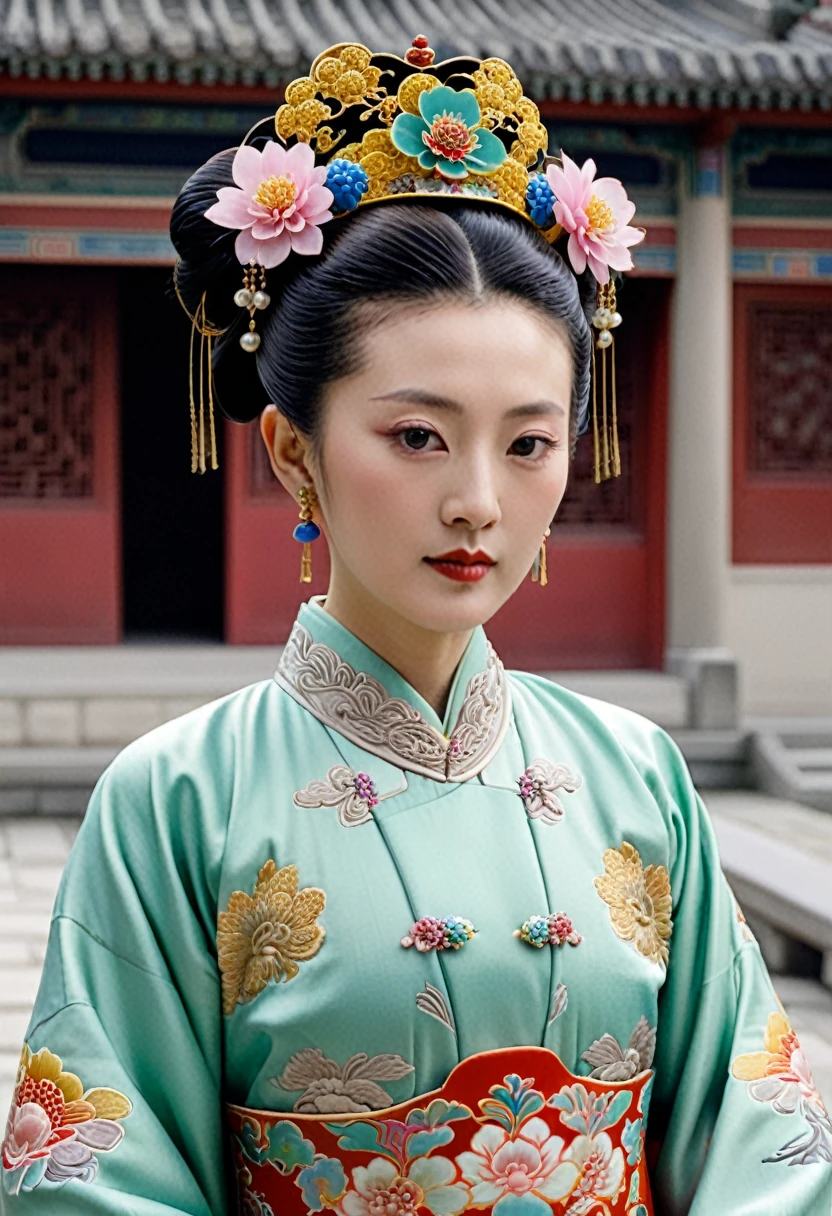 A Qing Dynasty Empress with her pubic hair showing. At the Chinese Imperial Court. Qing Dynasty Empress. A Chinese Empress wearing a large crown. Her hair is decorated with a large hair ornament with flashy flowers and a large crown.
Her hair is tied up and pulled up. The background is the stone paving outside the Qing Dynasty.