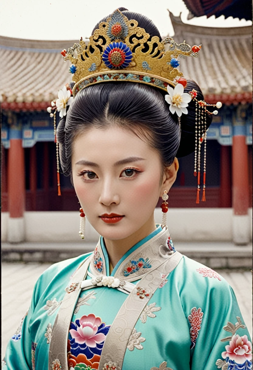A Qing Dynasty Empress with her pubic hair showing. At the Chinese Imperial Court. Qing Dynasty Empress. A Chinese Empress wearing a large crown. Her hair is decorated with a large hair ornament with flashy flowers and a large crown.
Her hair is tied up and pulled up. The background is the stone paving outside the Qing Dynasty.