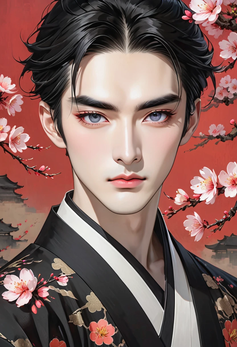 A handsome man with peach blossom black eyes and Coarse straight black hair with pale skin, High cheekbone, Monolids or double eyelids, Sparse and high eyebrows and Medium broad nose 