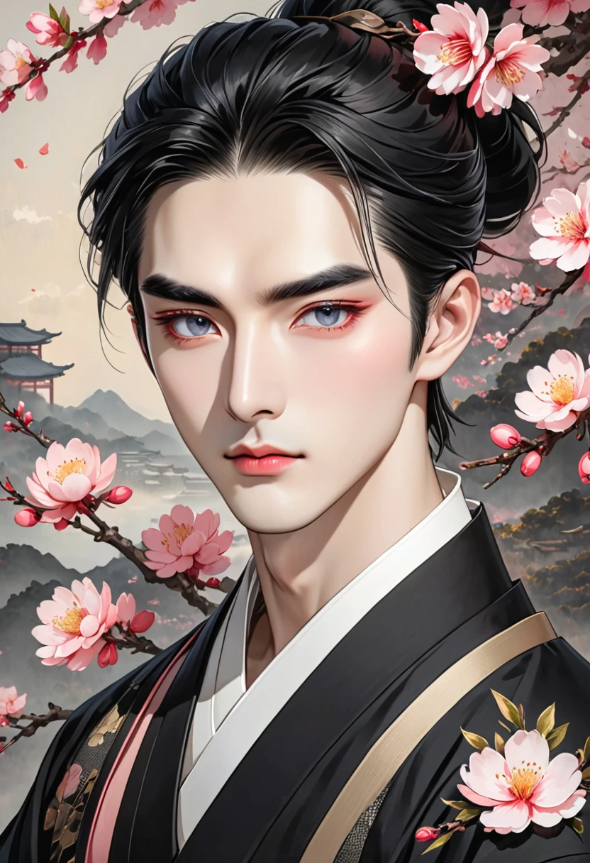 A handsome man with peach blossom black eyes and Coarse straight black hair with pale skin, High cheekbone, Monolids or double eyelids, Sparse and high eyebrows and Medium broad nose 