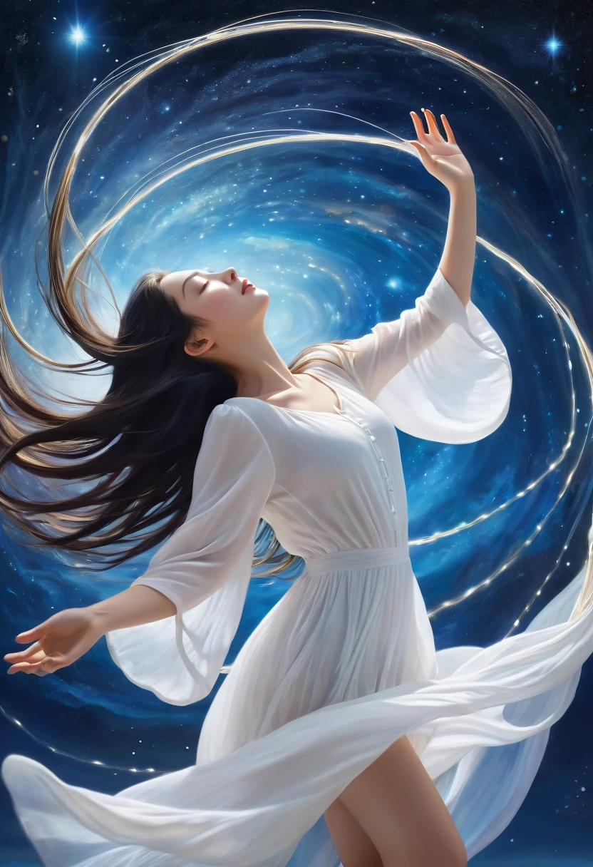 A girl's long, dark hair flows like a celestial river as she floats against the star-studded sky. Her closed eyes and peaceful expression evoke serenity. A white shirt with billowy sleeves seems to defy gravity, while her bare feet dangle freely. Glowing strands of hair radiate from her outstretched arms, which appear to be embracing the vastness of space itself. A thin cable or filament connects her ethereal form to the cosmos, as if she's a conduit for stardust.