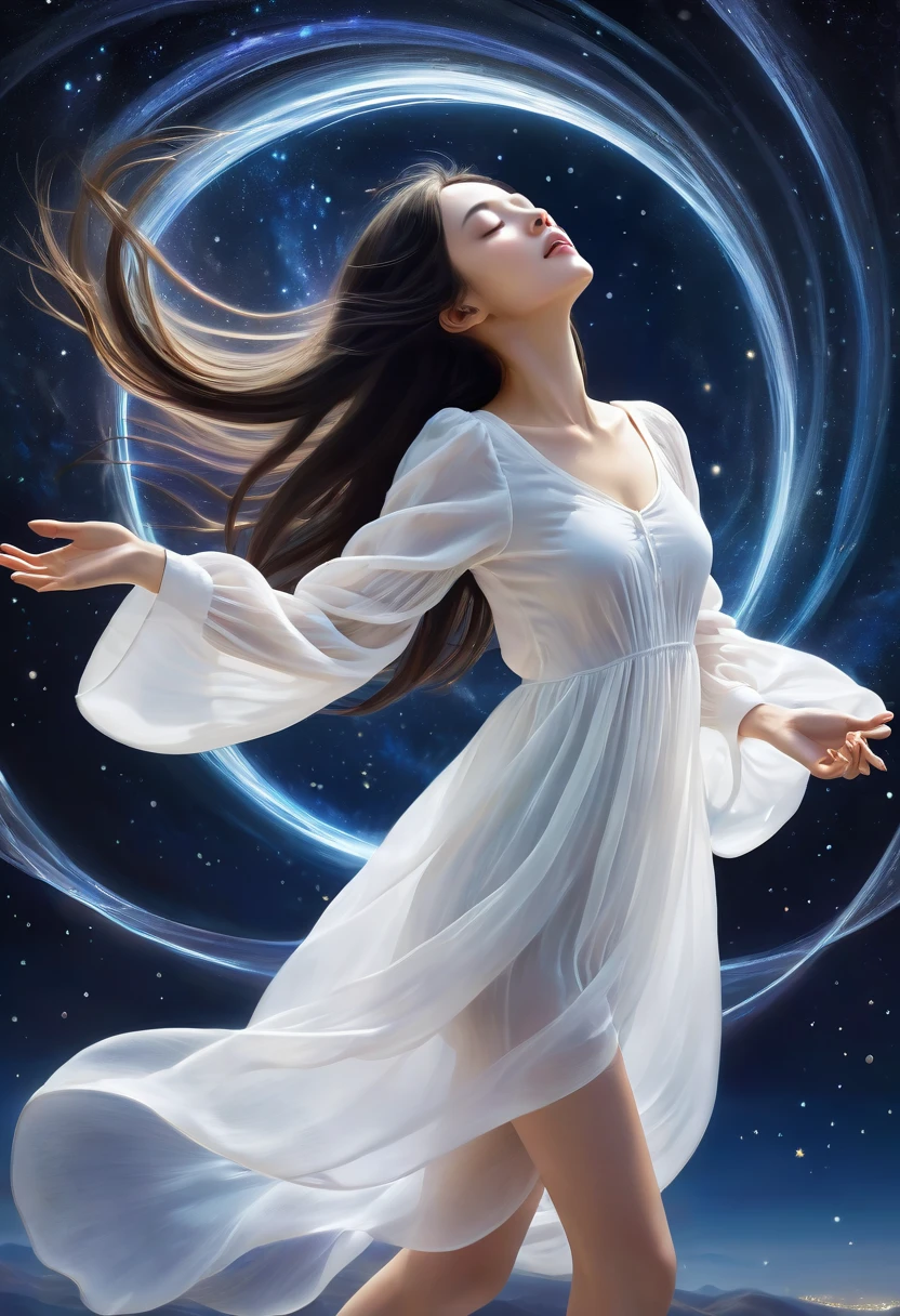A girl's long, dark hair flows like a celestial river as she floats against the star-studded sky. Her closed eyes and peaceful expression evoke serenity. A white shirt with billowy sleeves seems to defy gravity, while her bare feet dangle freely. Glowing strands of hair radiate from her outstretched arms, which appear to be embracing the vastness of space itself. A thin cable or filament connects her ethereal form to the cosmos, as if she's a conduit for stardust.
