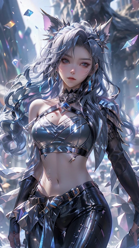 (bright colors, Cinematic feel, Add details, extreme details, sharp focus), steel knife, The blade is long and curved, The sharp edges emit an icy blue light. Runes are engraved on the base of the sword, whole body (close up), (full black) Silver Wolf Girl (Luxury, bright, Noble Queen, war girl), Fair, Imperial sister, oriental girl, Express (domineering) condescending, Silver Wolf Armor, shawl, 8k, attack action, eternity (feet spread), damaged (Urban),
