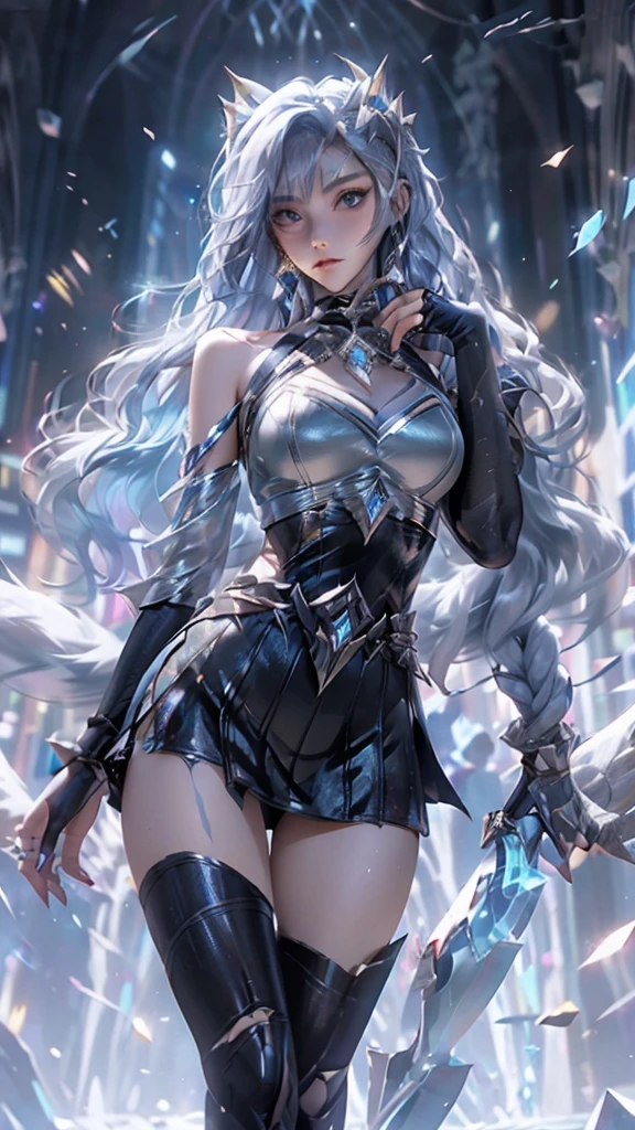 (bright colors, Cinematic feel, Add details, extreme details, sharp focus), steel knife, The blade is long and curved, The sharp edges emit an icy blue light. Runes are engraved on the base of the sword, whole body (close up), (full black) Silver Wolf Girl (Luxury, bright, Noble Queen, war girl), Fair, Imperial sister, oriental girl, Express (domineering) condescending, Silver Wolf Armor, shawl, 8k, attack action, eternity (feet spread), damaged (Urban),