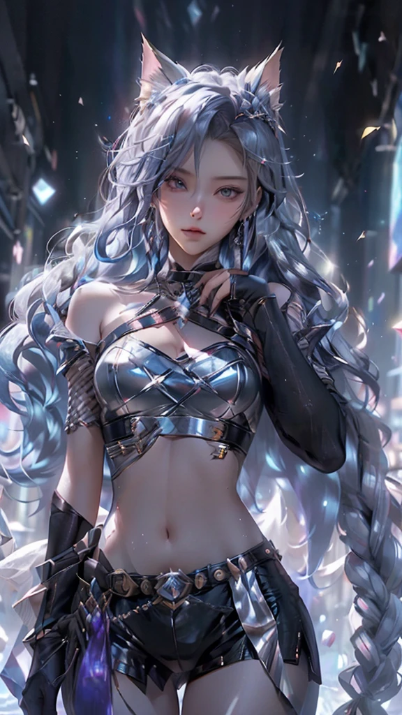 (bright colors, Cinematic feel, Add details, extreme details, sharp focus), steel knife, The blade is long and curved, The sharp edges emit an icy blue light. Runes are engraved on the base of the sword, whole body (close up), (full black) Silver Wolf Girl (Luxury, bright, Noble Queen, war girl), Fair, Imperial sister, oriental girl, Express (domineering) condescending, Silver Wolf Armor, shawl, 8k, attack action, eternity (feet spread), damaged (Urban),