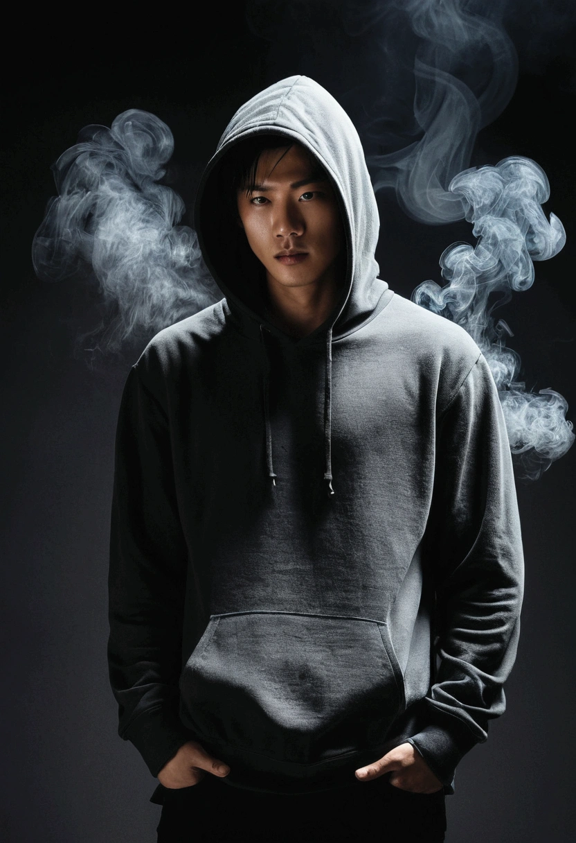 In a dark, smoky background、Draw a scene where a man is standing wearing a hoodie.。The man has a strong, confident look、My body is normal and healthy。From his posture and facial expressionake it clear that he lives to be popular。however、His face is hidden by smoke、It is not depicted in detail。The smoke adds a mysterious and dramatic atmosphere around him.、The background is a faint shadow、Please portray him prominently。」