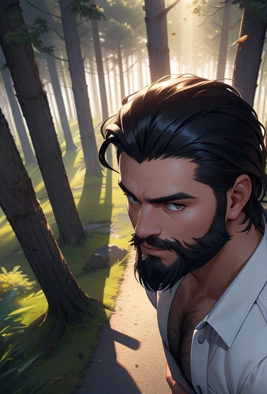 30 years old,centaurcpt,(black hair and full beard),(best quality, 4k, 8k, high resolution, masterpiece: 1.2), detailed facial features, spectacular lighting, from above, anatomically correct, super detail, hairy chest, rays of light in forest, ray tracing, full body portrait, 