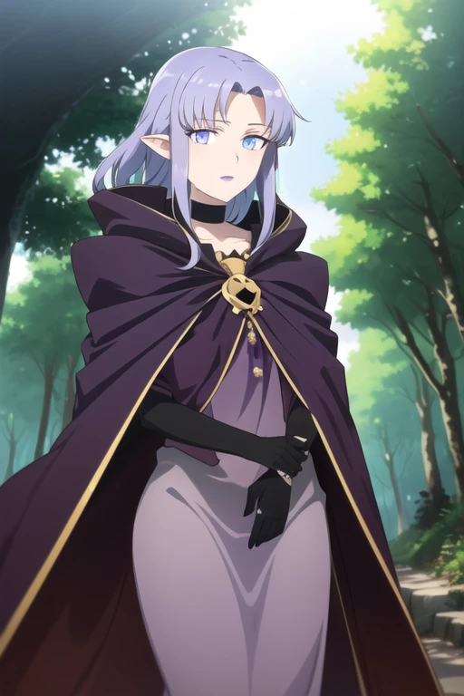 (masterpiece, sidelighting, finely detailed beautiful eyes: 1.2), glowing eyes, shiny hair, cloak, cape, gloves, MedeaCas, blue eyes, purple lips, pointy ears, choker, robe, solo, outdoor, city, forest