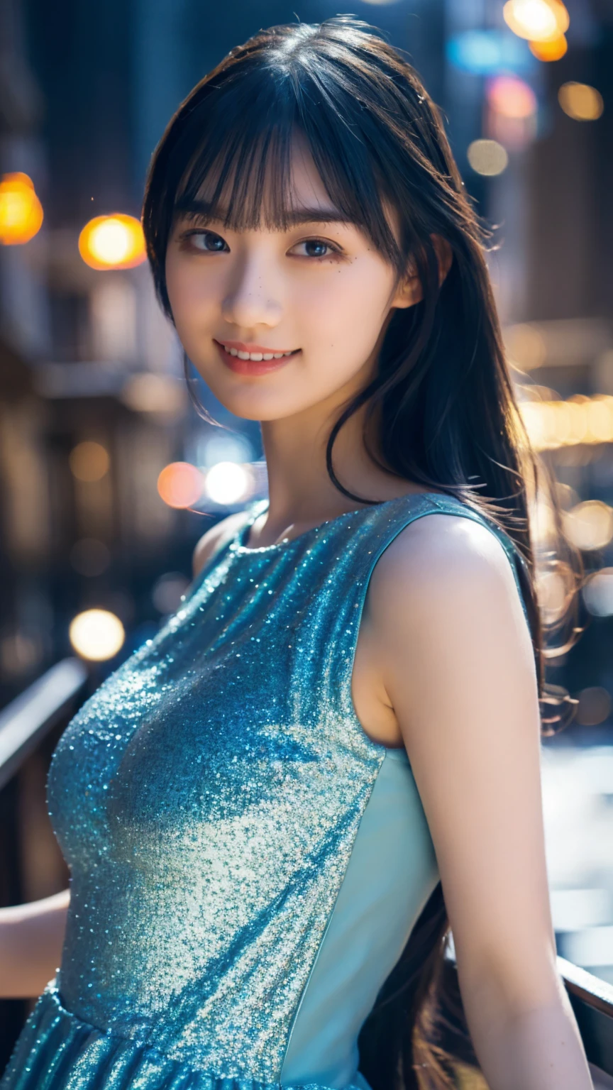 1girl,(wearing a blue glittery evening dress:1.2),(RAW photo, best quality), (realistic, photo-realistic:1.4), masterpiece, an extremely delicate and beautiful, extremely detailed, 2k wallpaper, Amazing, finely detail, extremely detailed CG unity 8k wallpaper, ultra-detailed, highres, soft light, beautiful detailed girl, extremely detailed eyes and face, beautiful detailed nose, beautiful detailed eyes,cinematic lighting,city lights at night,perfect anatomy,slender body,light smile,close up,(long hair with bangs), tight breast