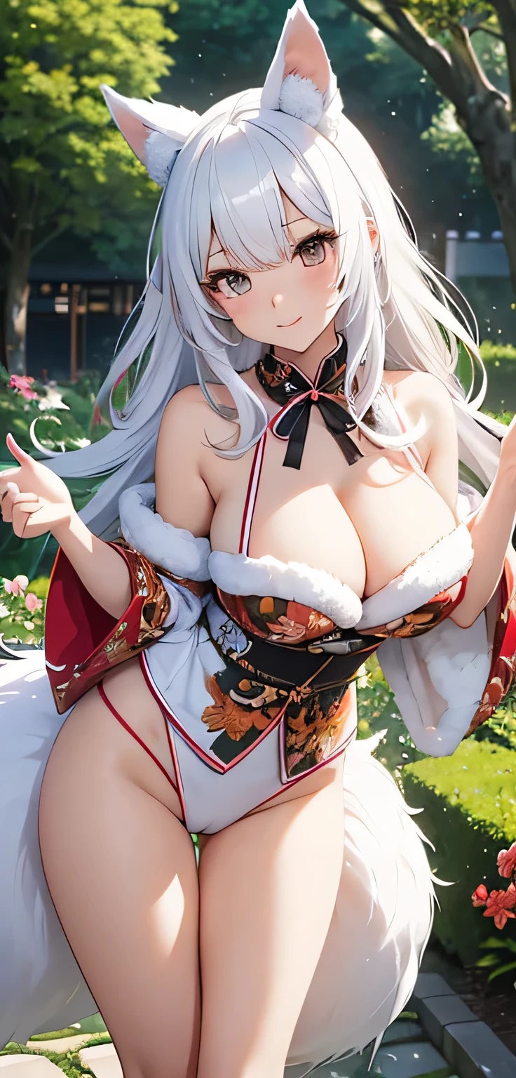beautiful detailed 25 years old female japanese, wearing Cute Animal Costume: A playful outfit resembling a cute animal, complete with ears and a tail, beautiful face, shiny white skin, white hair, slender, ultra large saggy breasts, massive cleavage exposed, garden background