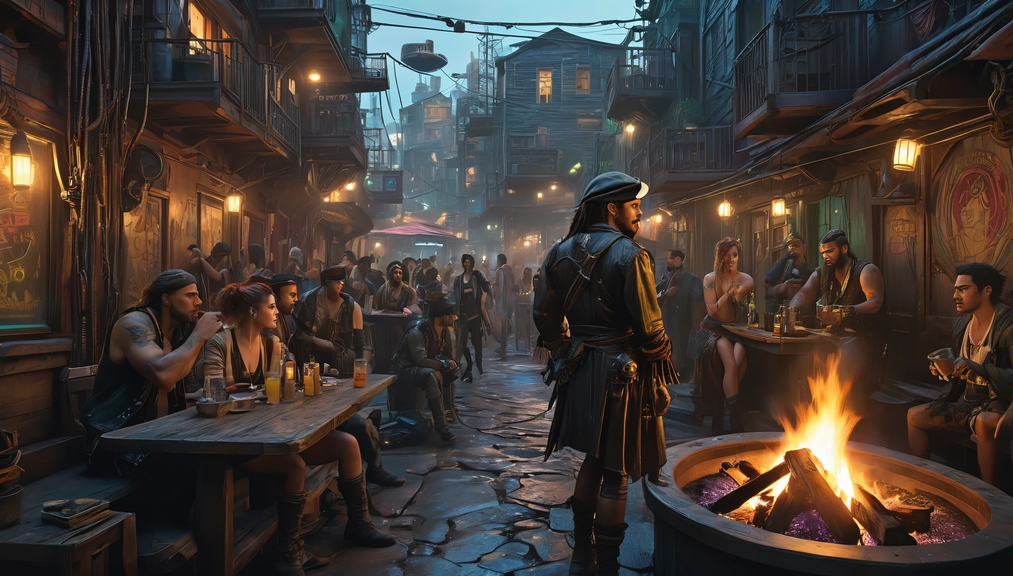 (best quality,4k,8k,highres,masterpiece:1.2),ultra-detailed,(realistic,photorealistic,photo-realistic:1.37) showing a Cyberpunk alley on a pirate island, (is dee Williams porn star with Riley Reed) in a gathering, watching a Gypsie dance by a campfire, there are many drinks, in the style of William Adolphe Bouguereau