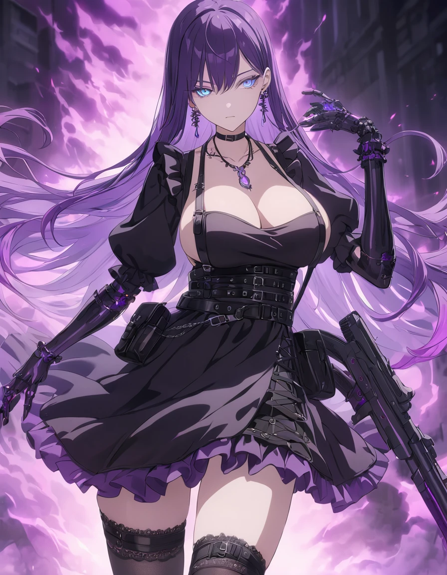 iridescent blue eyes, symmetrical eyes, long black and purple hair, earrings, necklace, gothic style, webbed belt, tactical, pouches, black maid outfit, black apron, weapon Holster, webbed belt, frilly skirt, metal gloves, black thigh highs, Long eyelashes, eye shadow, first rate breasts, large breasts, ominous vibe, expressionless, stoic, glowing white mist, purple fire, shadowy, Ultra quality, UHD, high detail, anime aesthetic, Anime screenshot, Ultra quality, UHD, high detail