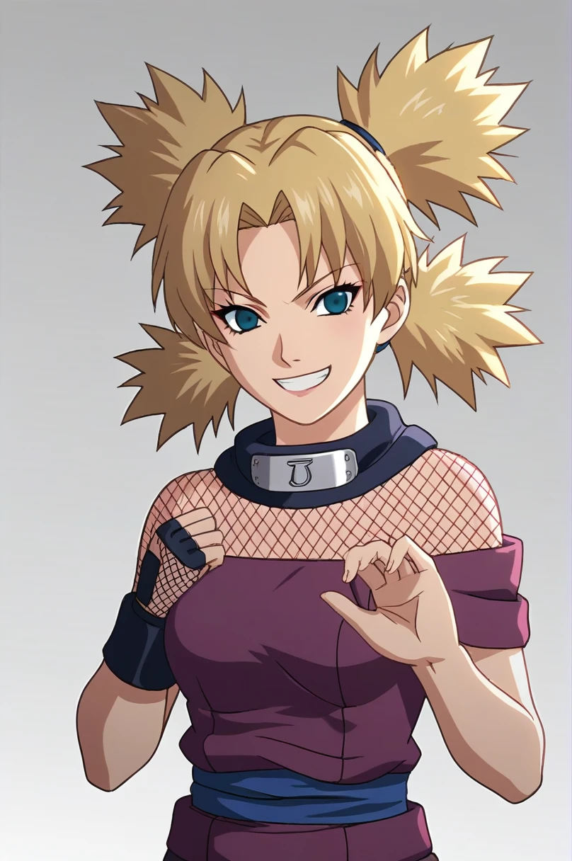 score_9, score_8_up, score_7_up, score_6_up, score_5_up, score_4_up, BREAK, source_anime, ytemari, 1girl, blonde hair, quad tails, blue eyes, fishnets, purple garment, sash, smile, upper body, looking at viewer, solo, simple background, white background, anime screencap, anime coloring,  extreme evil facial expression, wicked facial expression, , one hand with two fingers extremely close together, two fingers nearly pinching together, giggling, evil facial expression, topless, medium_breasts 