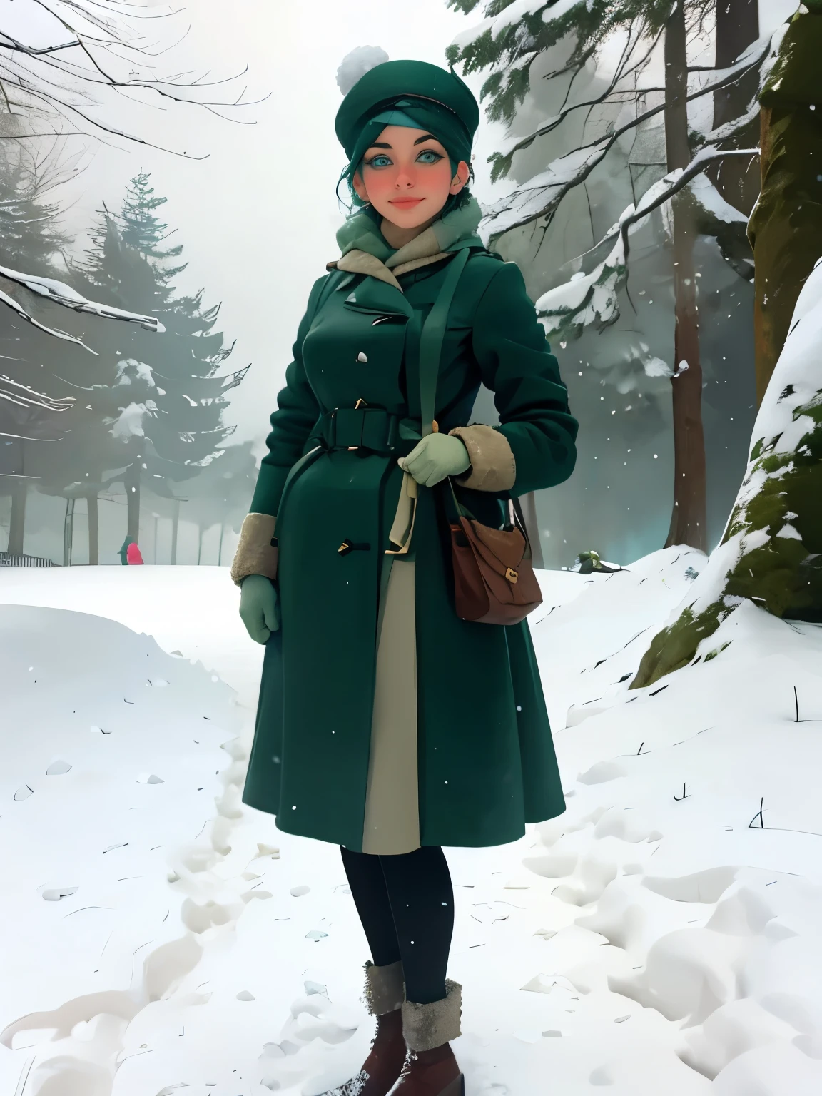 woman in green coat and hat standing in snow covered area, a portrait by Mab Graves, tumblr, art nouveau, standing in the snow, in the snow, dressed like in the 1940s, stylish coat for a rave, in snow, victorian style costume, ww2 era, victorian inspired clothing, full body:: snow outside::, with teal clothes