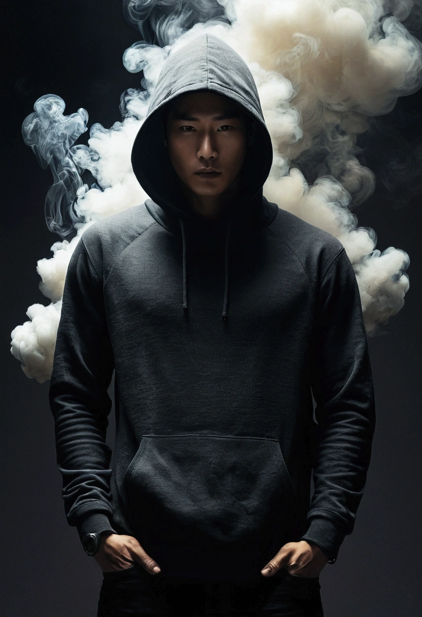In a dark, smoky background、Draw a scene where a man is standing wearing a hoodie.。The man has a strong, confident look、My body is normal and healthy。Make it clear that he lives to be popular。however、His face is hidden by smoke、It is not depicted in detail。The smoke adds a mysterious and dramatic atmosphere around him.、The background is a faint shadow、Please portray him prominently。」