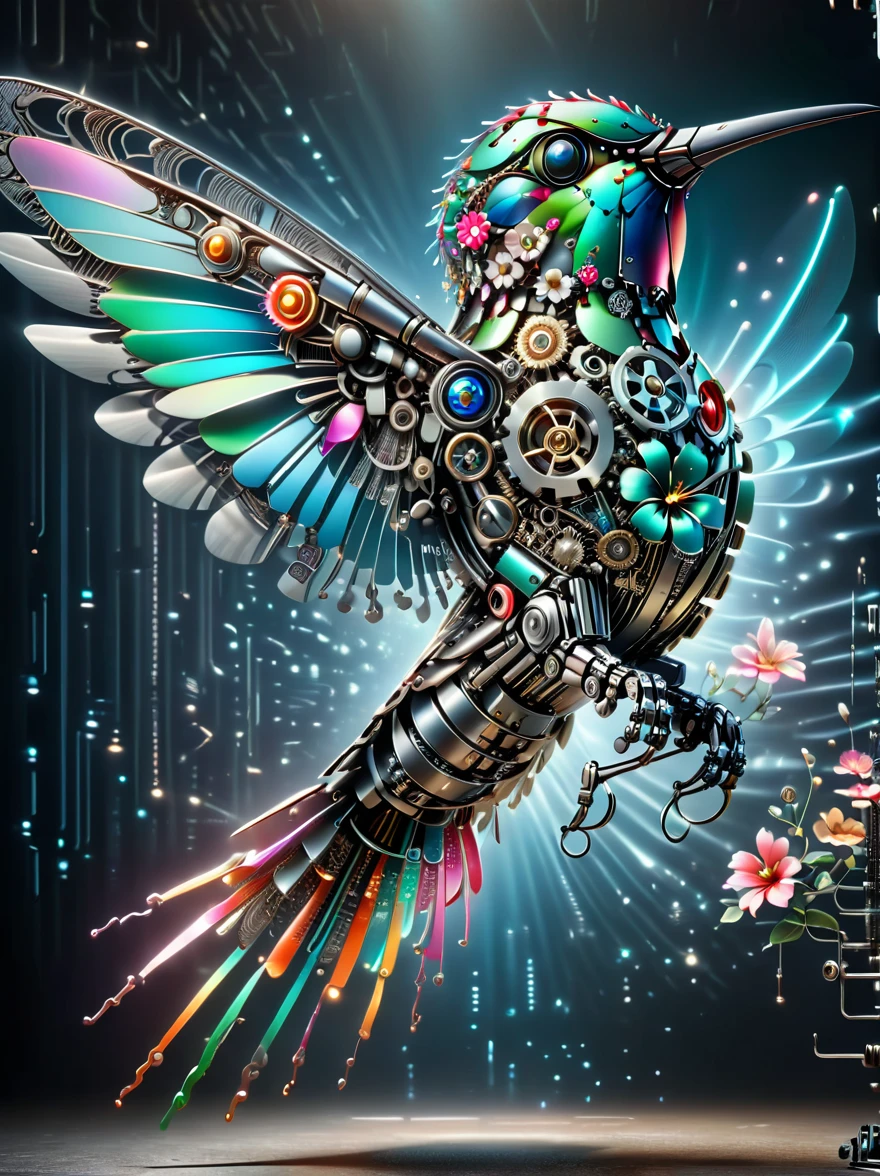 (3D,mechanical感,cute,ais-scrapyrd Hummingbird,mechanical),Colorful neon lights,高科技mechanical部件,Metal body,Detailed Vibranium Flower Design,Vibrant colors,Dynamic glowing flowers,Reflective metal surface,Bright environment,Dynamic poses,Exquisite existence,Skills Improvement,互锁mechanical齿轮,Stylish design,motion blur effect,Detailed metal treatment,Sci-fi atmosphere,Streamlined aerodynamic shape,Laser scanning pattern,Holographic projection,LED light track,Beautiful and unforgettable,Advanced sensors,Complex algorithms,Ominous and mysterious atmosphere,Electric Spark,Shiny chrome,Propulsion systems of the future,(Best quality,8k,high resolution,masterpiece:1.2),Super detailed,(whole body:1.8)