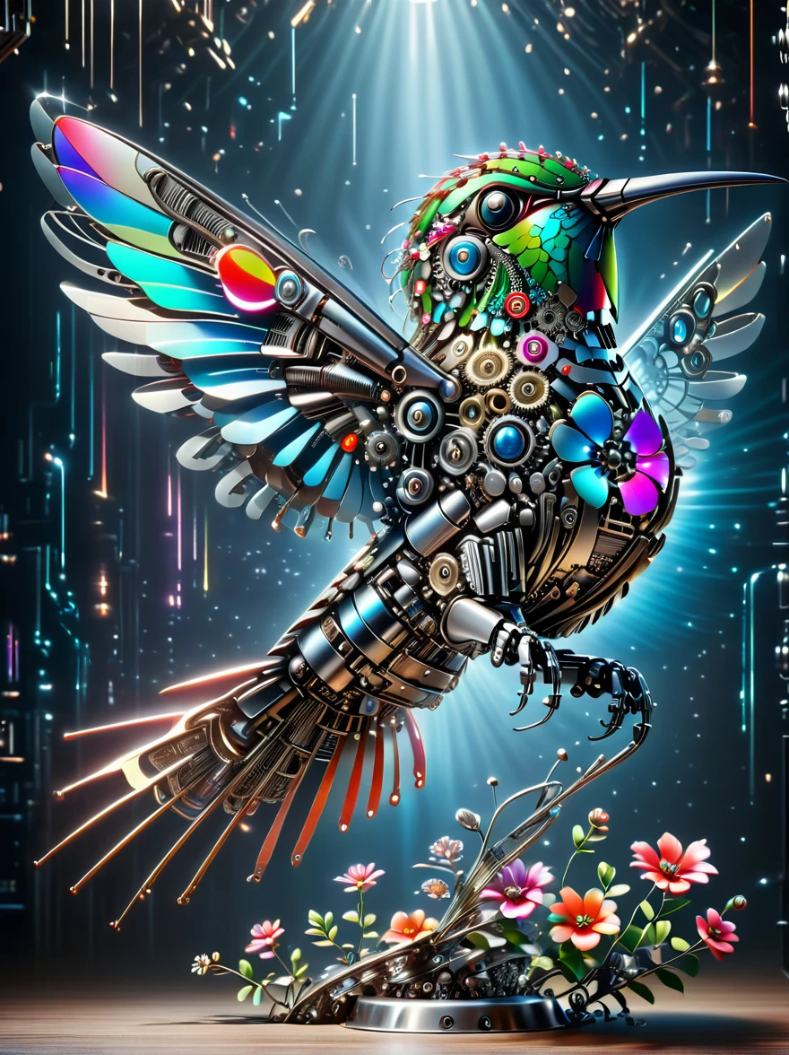 (3D，mechanical感，cute，ais-scrapyrd Phoenix，mechanical)，Colorful neon lights，高科技mechanical部件，Metal body，Detailed Vibranium Flower Design，Vibrant colors，Dynamic glowing flowers，Reflective metal surface，Bright environment，Dynamic poses，Exquisite existence，Skills Improvement，互锁mechanical齿轮，Stylish design，motion blur effect，Detailed metal treatment，Sci-fi atmosphere，Streamlined aerodynamic shape，Laser scanning pattern，Holographic projection，LED light track，Beautiful and unforgettable，Advanced sensors，Complex algorithms，Ominous and mysterious atmosphere，Electric Spark，Shiny chrome，Propulsion systems of the future，(Best quality，8k，high resolution，masterpiece:1.2)，Super detailed，(whole body:1.8)​